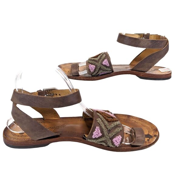 Free People Torrence Brown Mauve Leather Sandals Loop Ankle Strap Embroidery 10 - Picture 3 of 12
